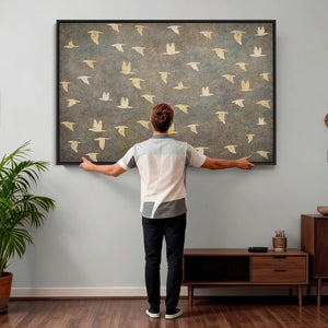 Flying Birds Canvas Wall Art, Vintage Bird Flock Pattern
