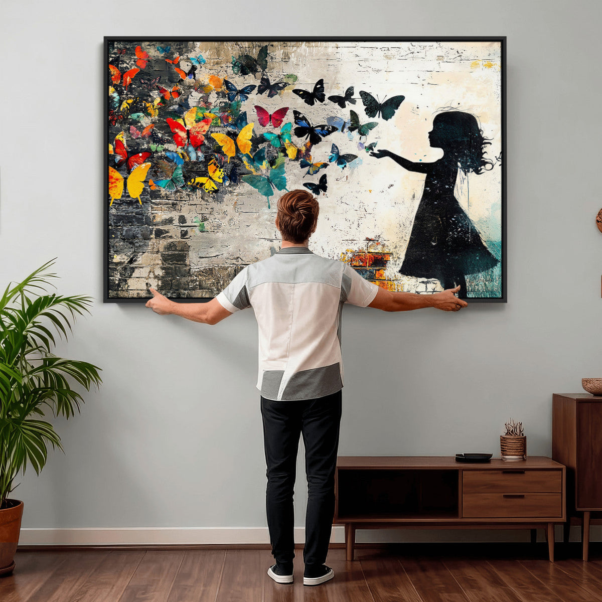 Banksy Butterfly Girl Wall Art Canvas Print, Framed Street