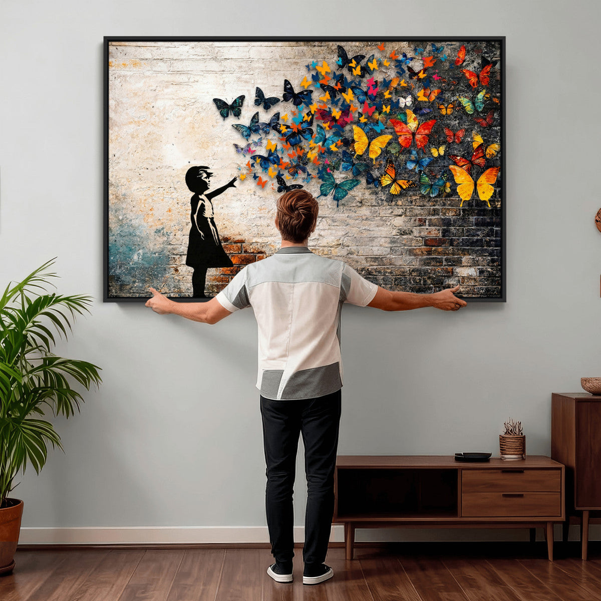 Banksy Graffiti Butterfly Girl Wall Art Canvas Print, Framed