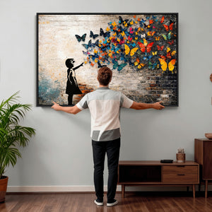 Banksy Graffiti Butterfly Girl Wall Art Canvas Print, Framed