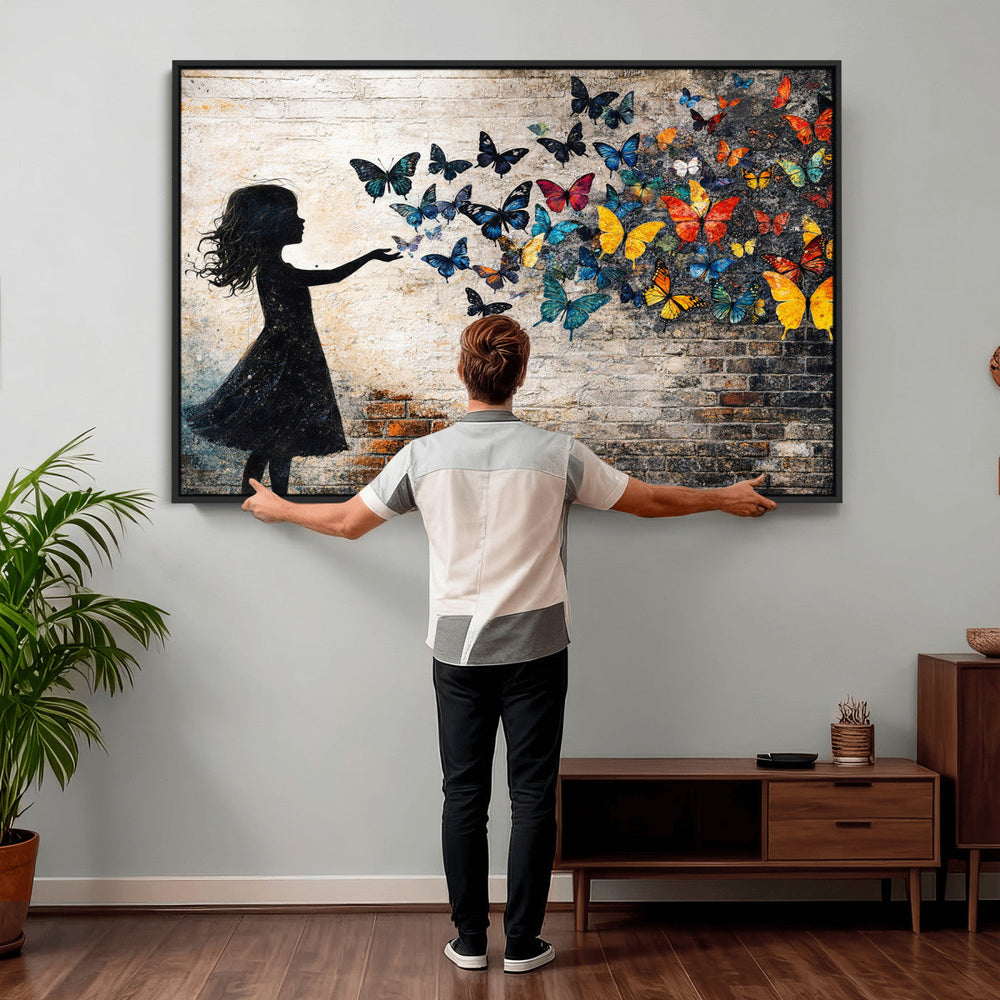 Banksy Butterfly Girl Wall Art Canvas Print, Framed Street