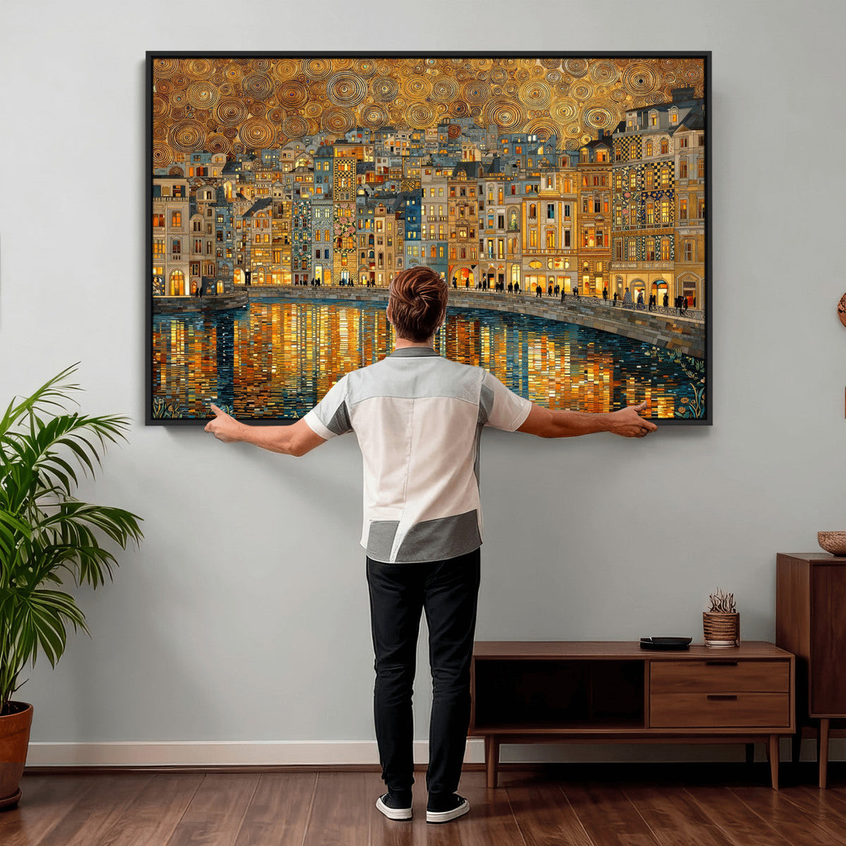 Gustav Klimt Golden Cityscape Wall Art Canvas Print, Framed