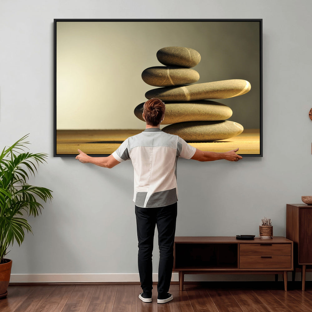 Zen Stone Wall Art Canvas Print, Balanced Rock Stack Framed