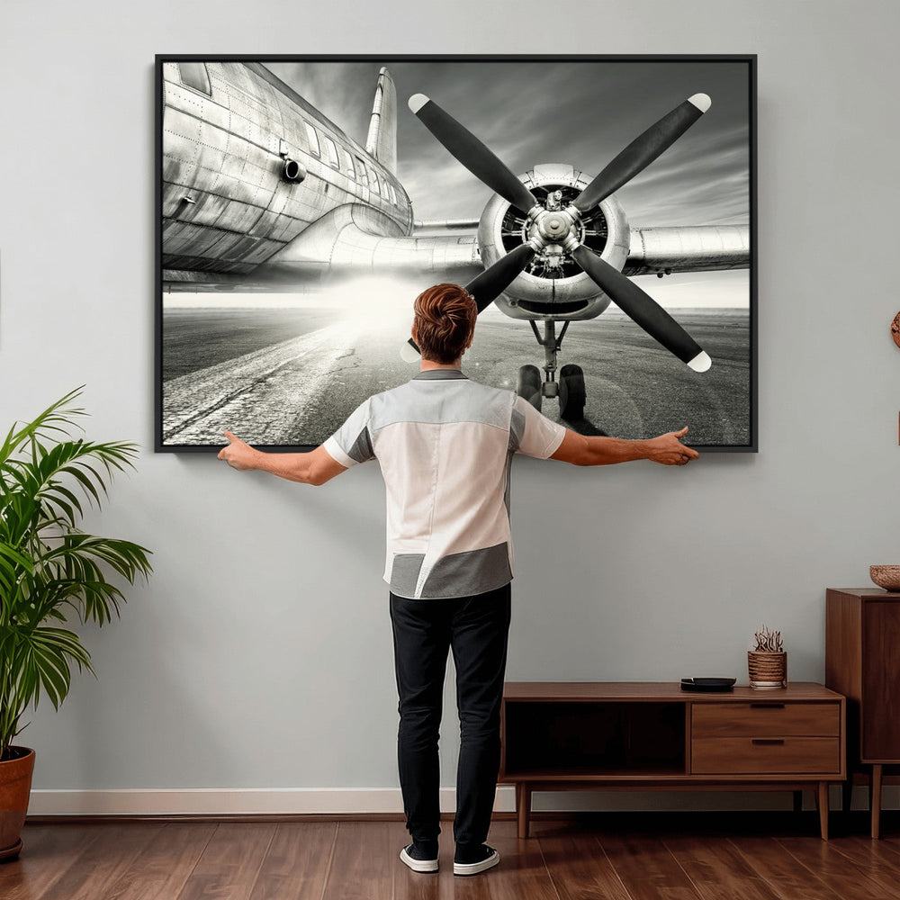 Vintage Airplane Wall Art Canvas Print, Black and White