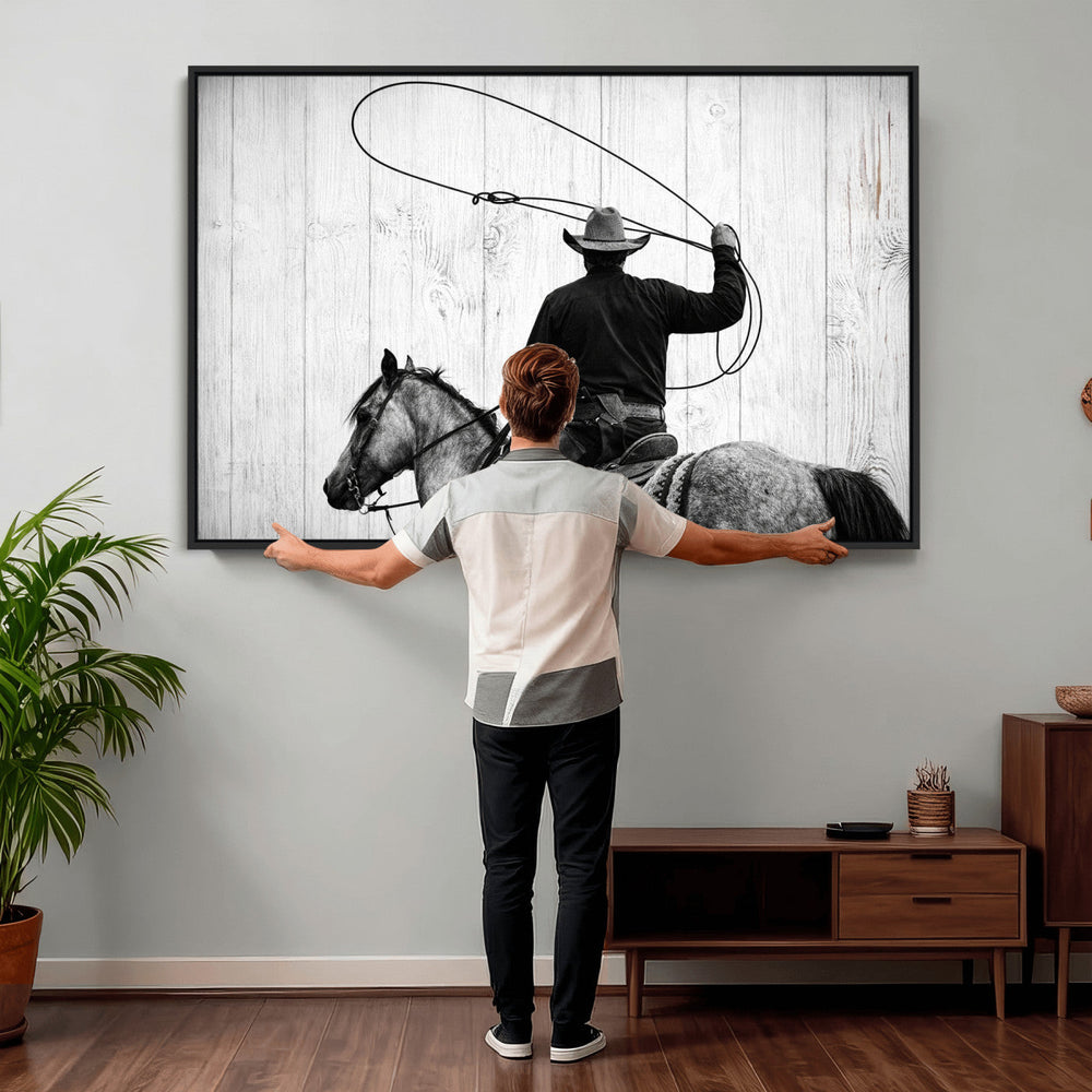 Cowboy Lasso Canvas Wall Art, Black White Western Horse