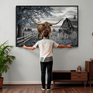 Texas Longhorn Canvas Wall Art, Rustic Farm Barn Bluebonnet