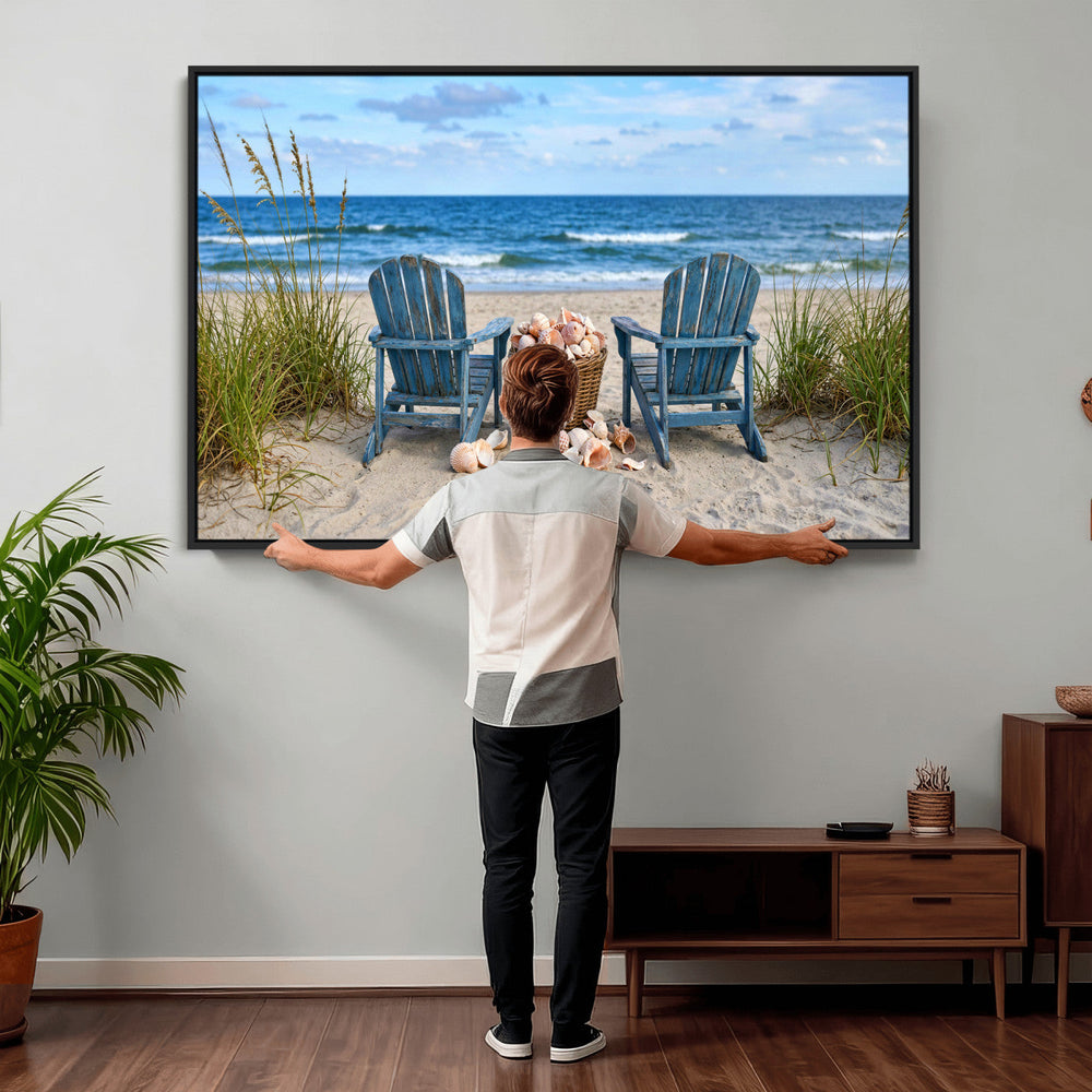Large Beach Canvas Wall Art Coastal Adirondack Chairs Ocean