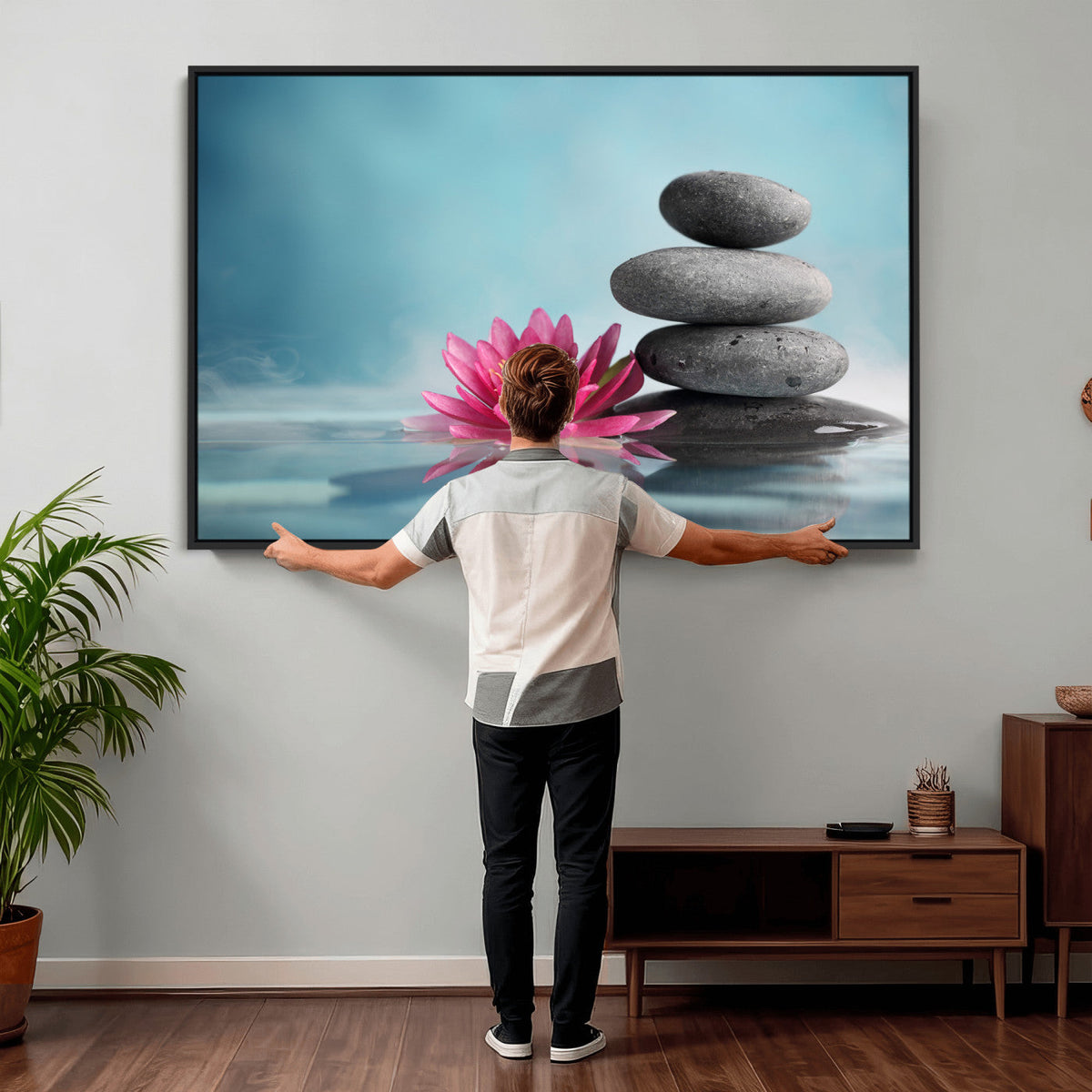 Zen Canvas Wall Art Lotus Flower Stacked Stones Teal Spa