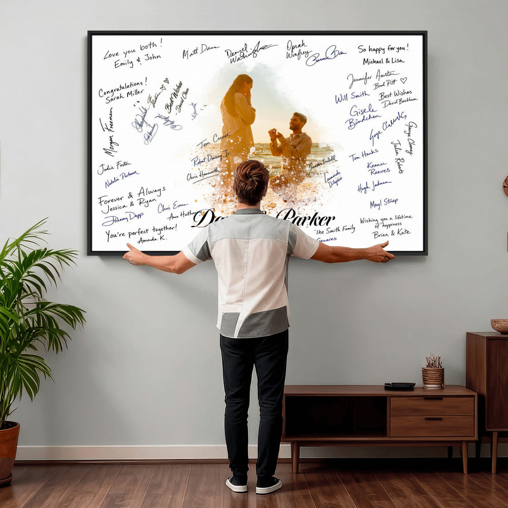 Wedding Guest Book Alternative Wall Art Canvas Print, Personalized Wedding Signature Poster, Custom Couple Photo Guestbook Canvas, Bridal Shower Reception Decor