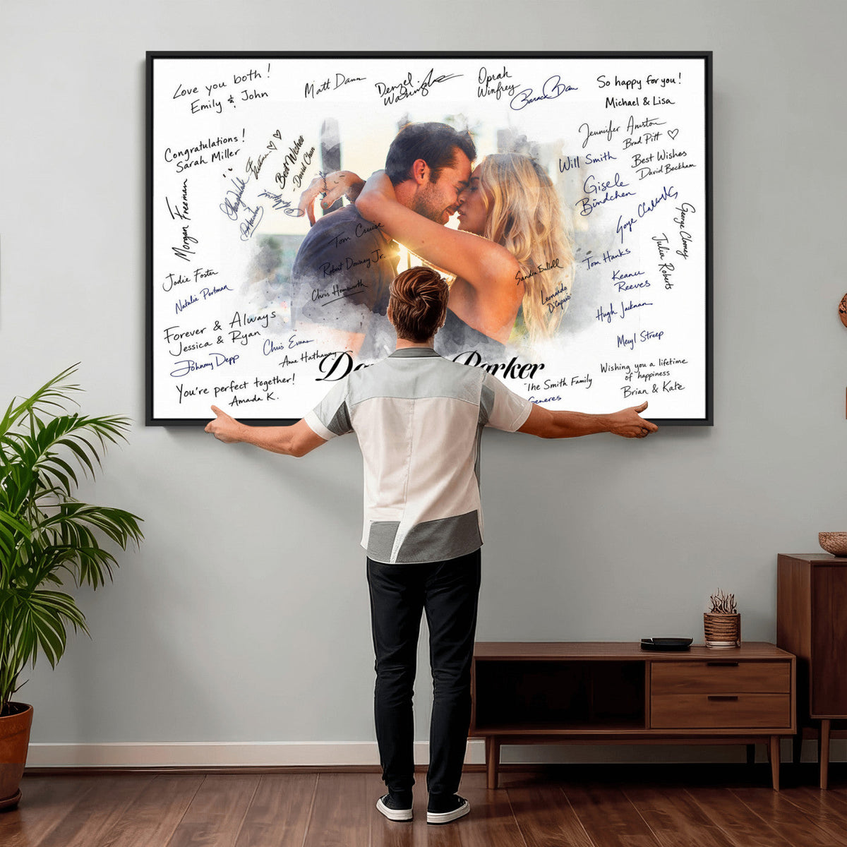 Wedding Guest Book Alternative Wall Art Canvas Print, Personalized Wedding Signature Poster, Custom Couple Photo Guestbook Canvas, Bridal Shower Reception Decor