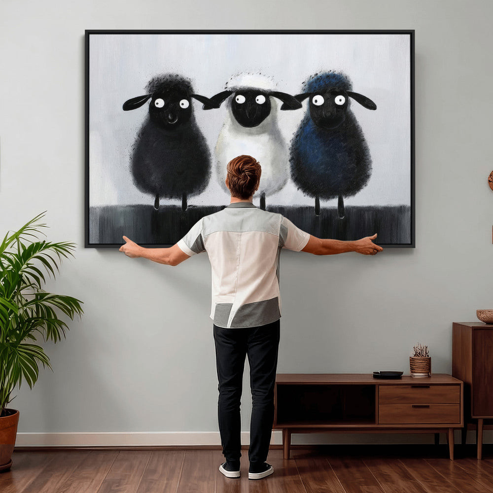 Funny Sheep Canvas Wall Art, Three Quirky Sheep Painting Print, Cute Animal Nursery Decor, Black White Navy Farmhouse Art, Kids Room Gift