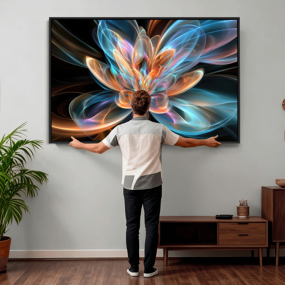 Fractal Lotus Canvas Wall Art, Blue Orange Glowing Flower Abstract Print, Modern Zen Meditation Room Decor, Ethereal Digital Art, Living Room