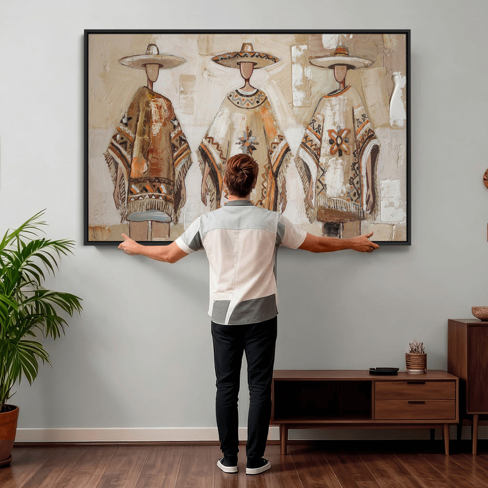 Mexican Folk Art Canvas Wall Art, Charro Poncho Sombrero Painting Print, Neutral Beige Boho Decor, Southwestern Impasto Style, Living Room Art