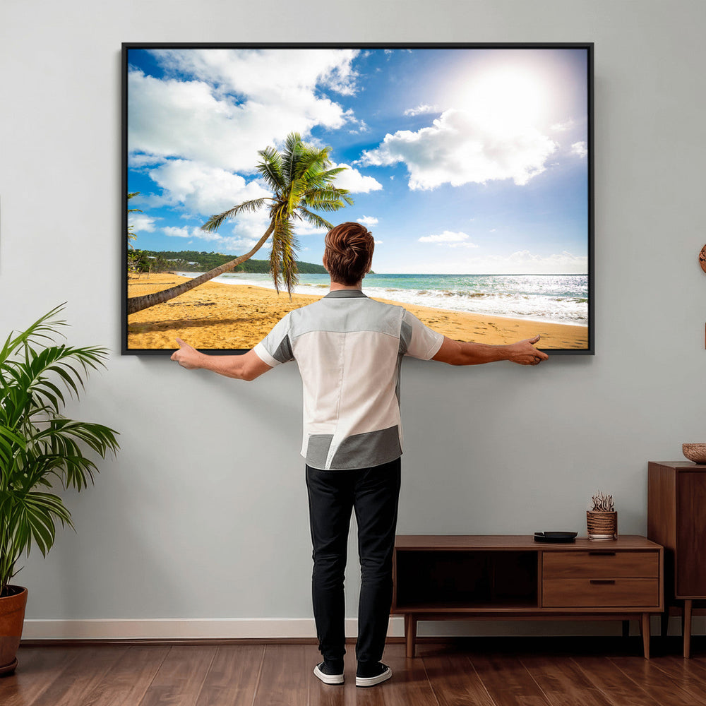 Tropical Beach Canvas Wall Art, Palm Tree Ocean Photo Print, Coastal Living Room Decor, Turquoise Sea Beach House Art, Summer Wall Art