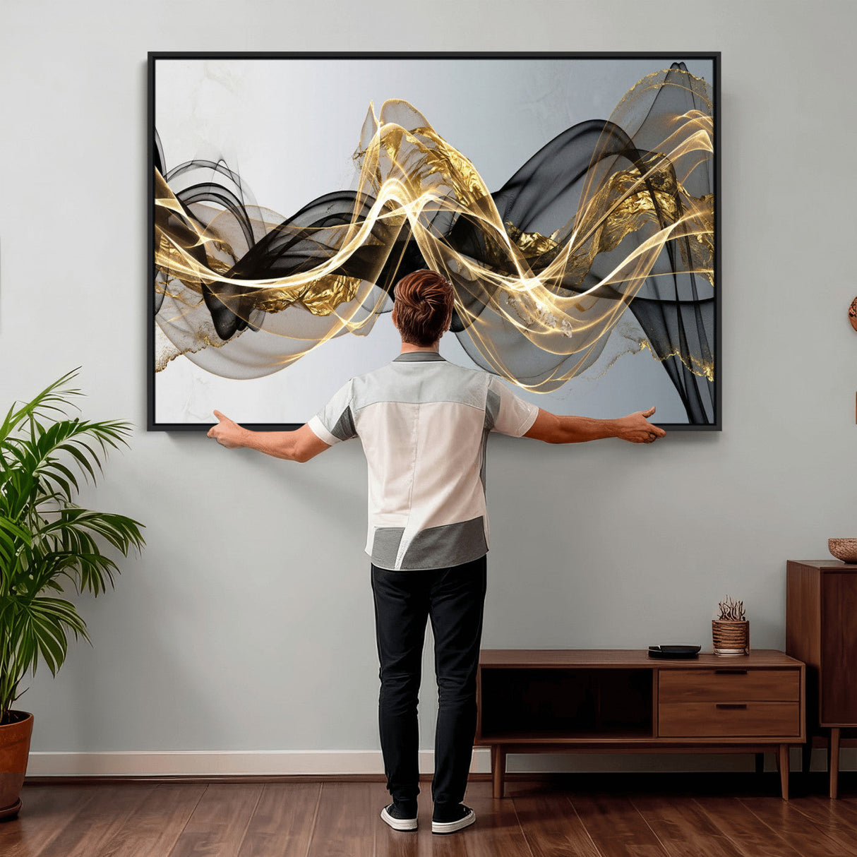 Black and Gold Abstract Wall Art, Modern Wave Canvas Print, Elegant Flowing Smoke Art, Luxury Living Room Decor