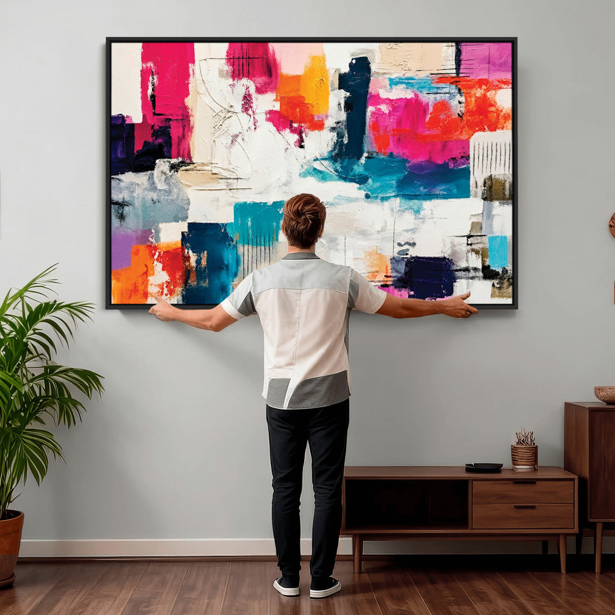 Blue Teal Abstract Canvas Wall Art, Modern Textured Painting Print, Navy Orange White Contemporary Art, Neutral Living Room Decor, Office Art