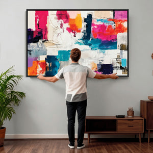 Blue Teal Abstract Canvas Wall Art, Modern Textured Painting Print, Navy Orange White Contemporary Art, Neutral Living Room Decor, Office Art