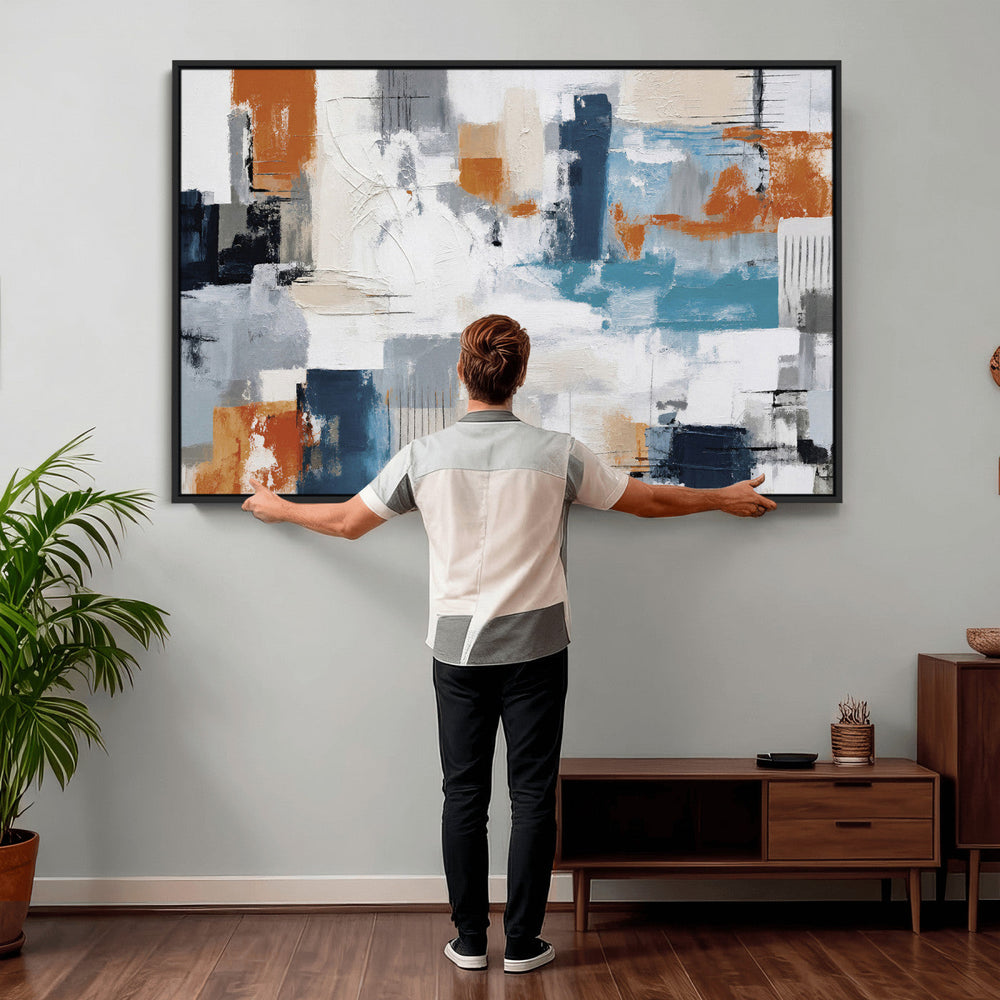 Blue Teal Abstract Canvas Wall Art, Modern Textured Painting Print, Navy Orange White Contemporary Art, Neutral Living Room Decor, Office Art