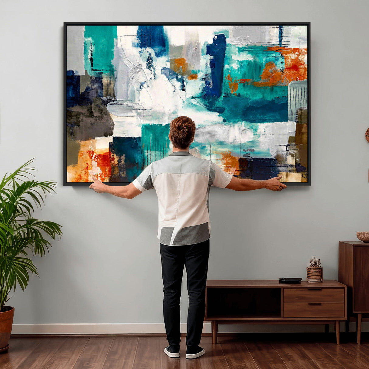 Blue Teal Abstract Canvas Wall Art, Modern Textured Painting Print, Navy Orange White Contemporary Art, Neutral Living Room Decor, Office Art