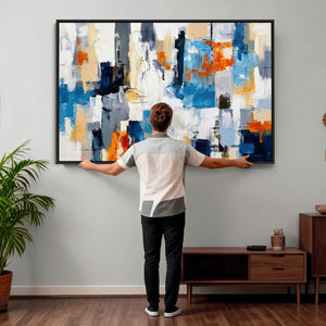 Blue Teal Abstract Canvas Wall Art, Modern Textured Painting Print, Navy Orange White Contemporary Art, Neutral Living Room Decor, Office Art