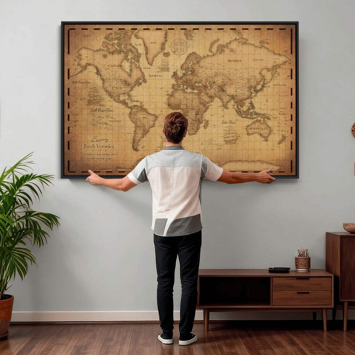 Personalized Push Pin World Map, Vintage Travel Map Canvas, Custom Names Anniversary Gift, Places Visited Pin Board, Couples Adventure Art