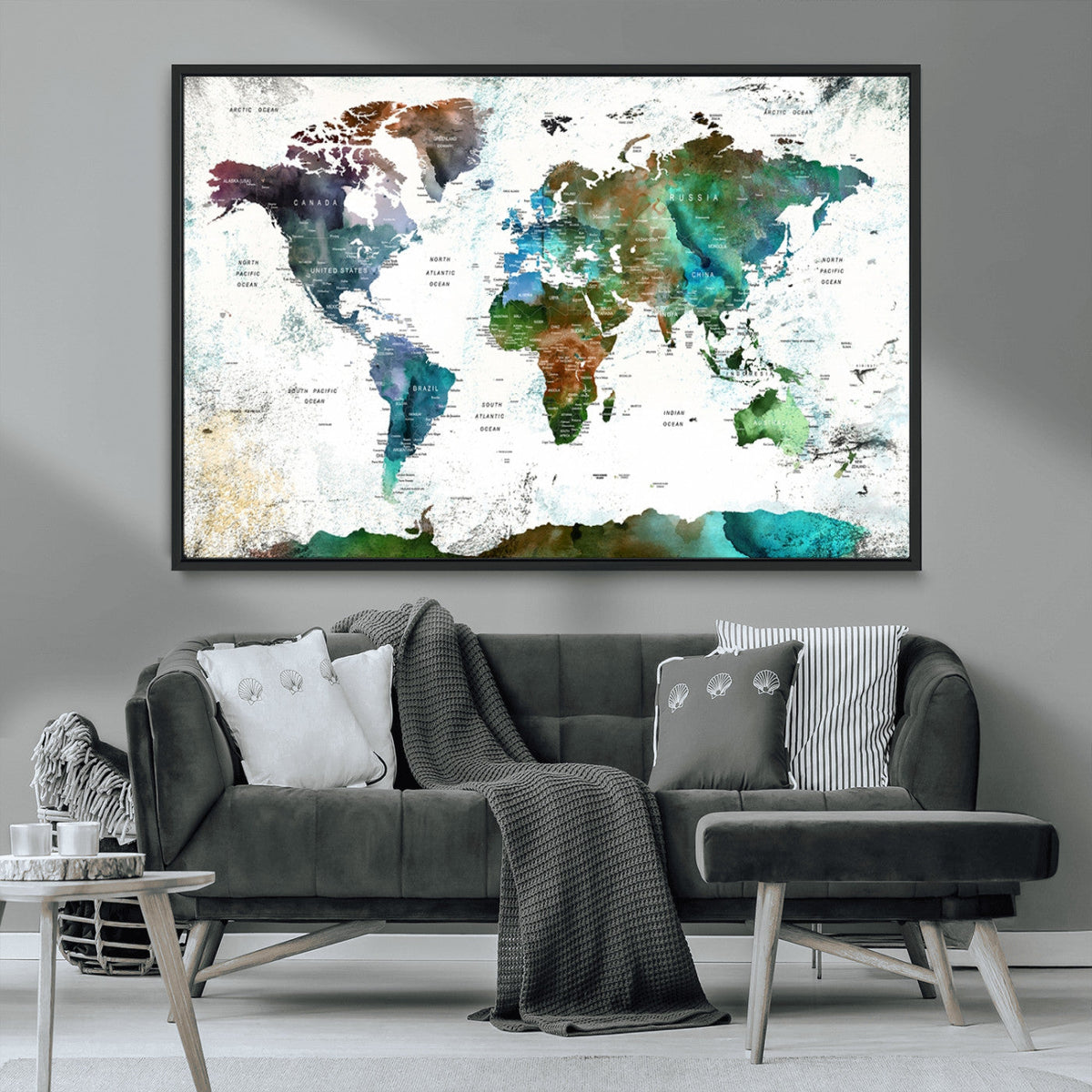 Modern Watercolor World Map Canvas Wall Art – Framed