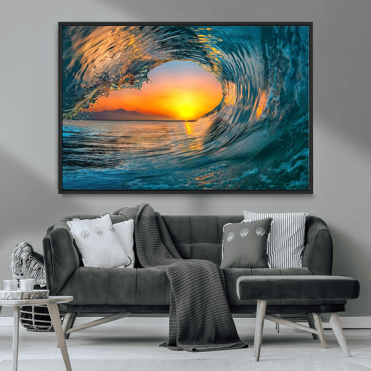 Ocean Wave Sunset Wall Art | Large Coastal Wave Canvas Print