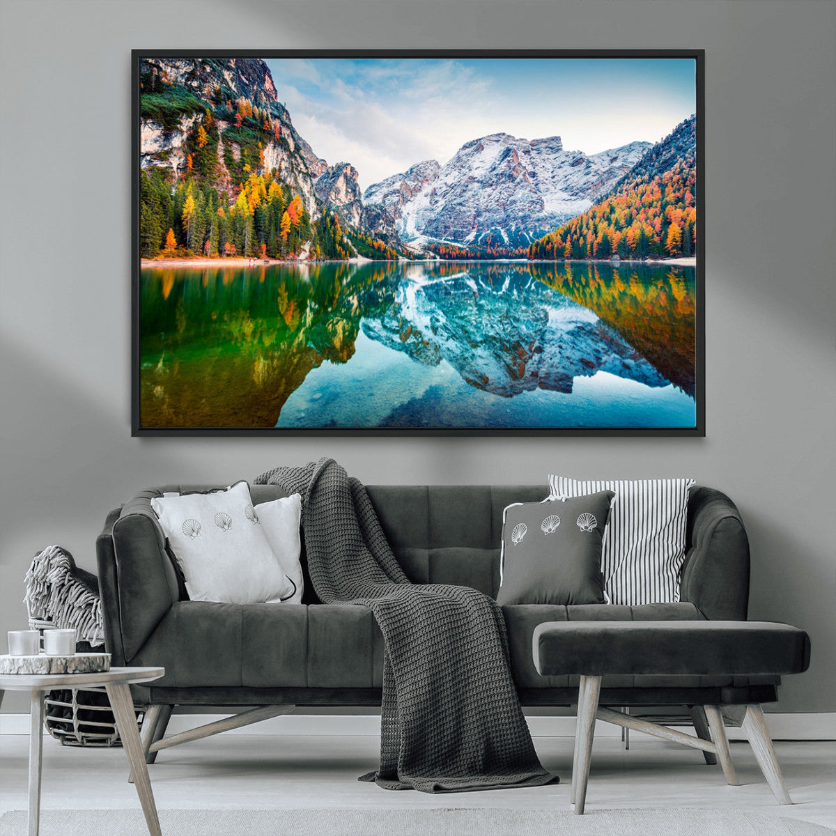 Spectacular autumn view of Braies Lake Wall Art Canvas Print
