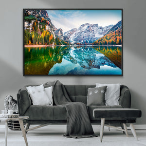 Spectacular autumn view of Braies Lake Wall Art Canvas Print