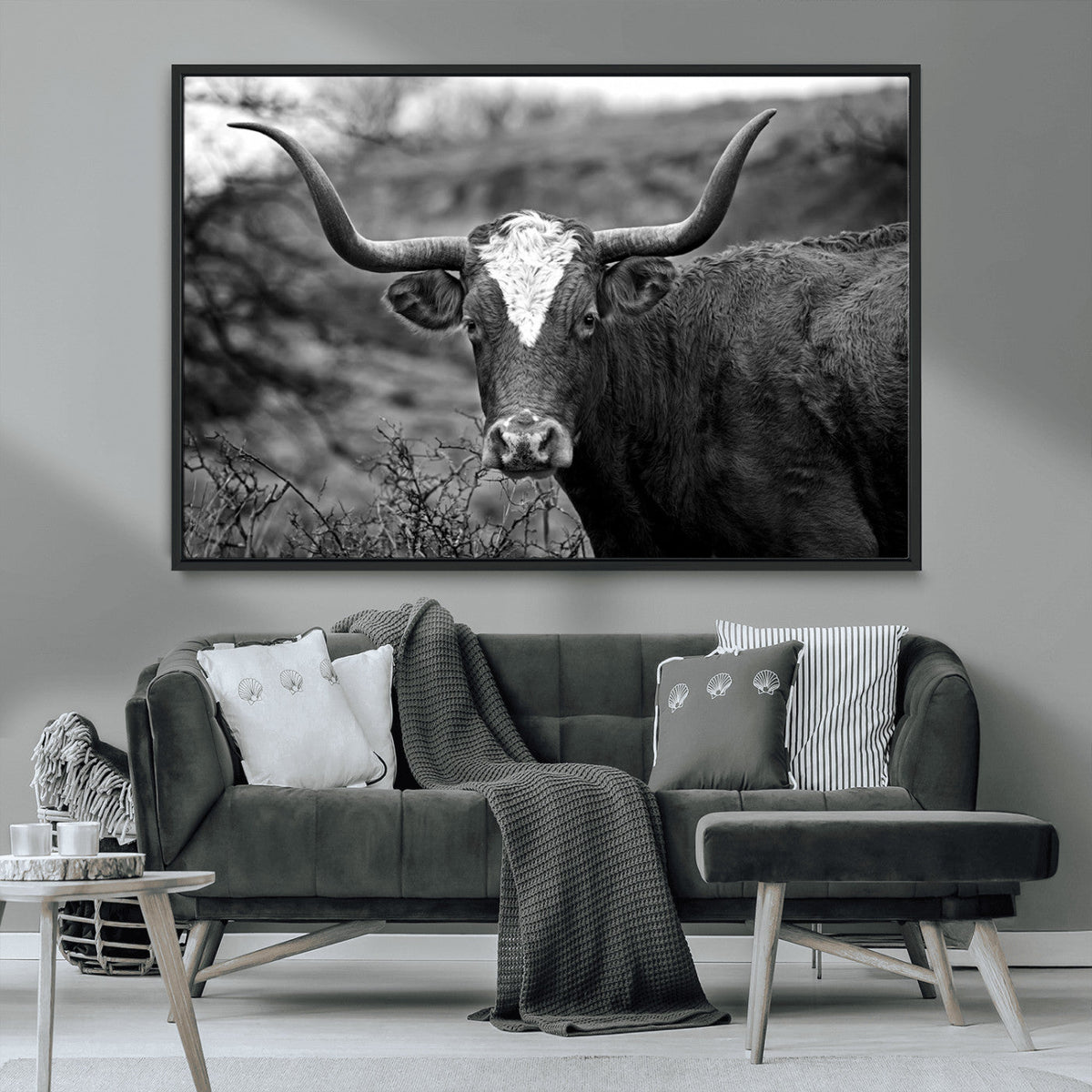 Western Home Wall Art Canvas Print, Framed Texas Longhorn