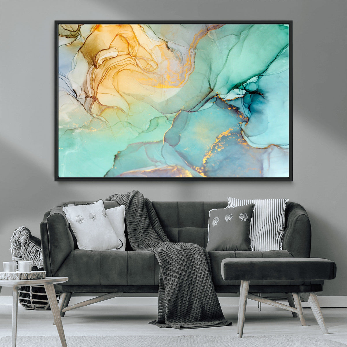 Abstract Aqua and Gold Fluid Wall Art Canvas | 3 Panel Large