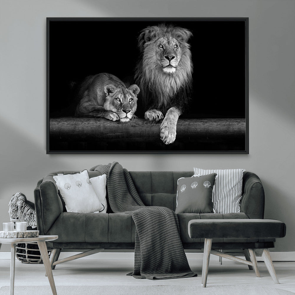 Large Black and White Lion Couple Wall Art Canvas Print –