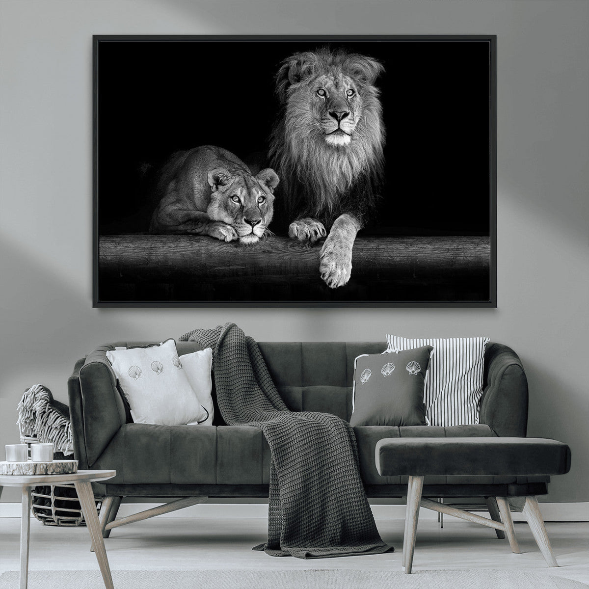 Large Black and White Lion Couple Wall Art Canvas Print –