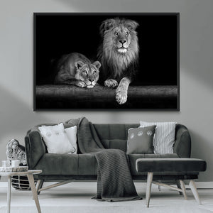 Large Black and White Lion Couple Wall Art Canvas Print –