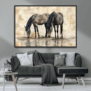Chinese Style Abstract Black Horses Wall Art Canvas Print -