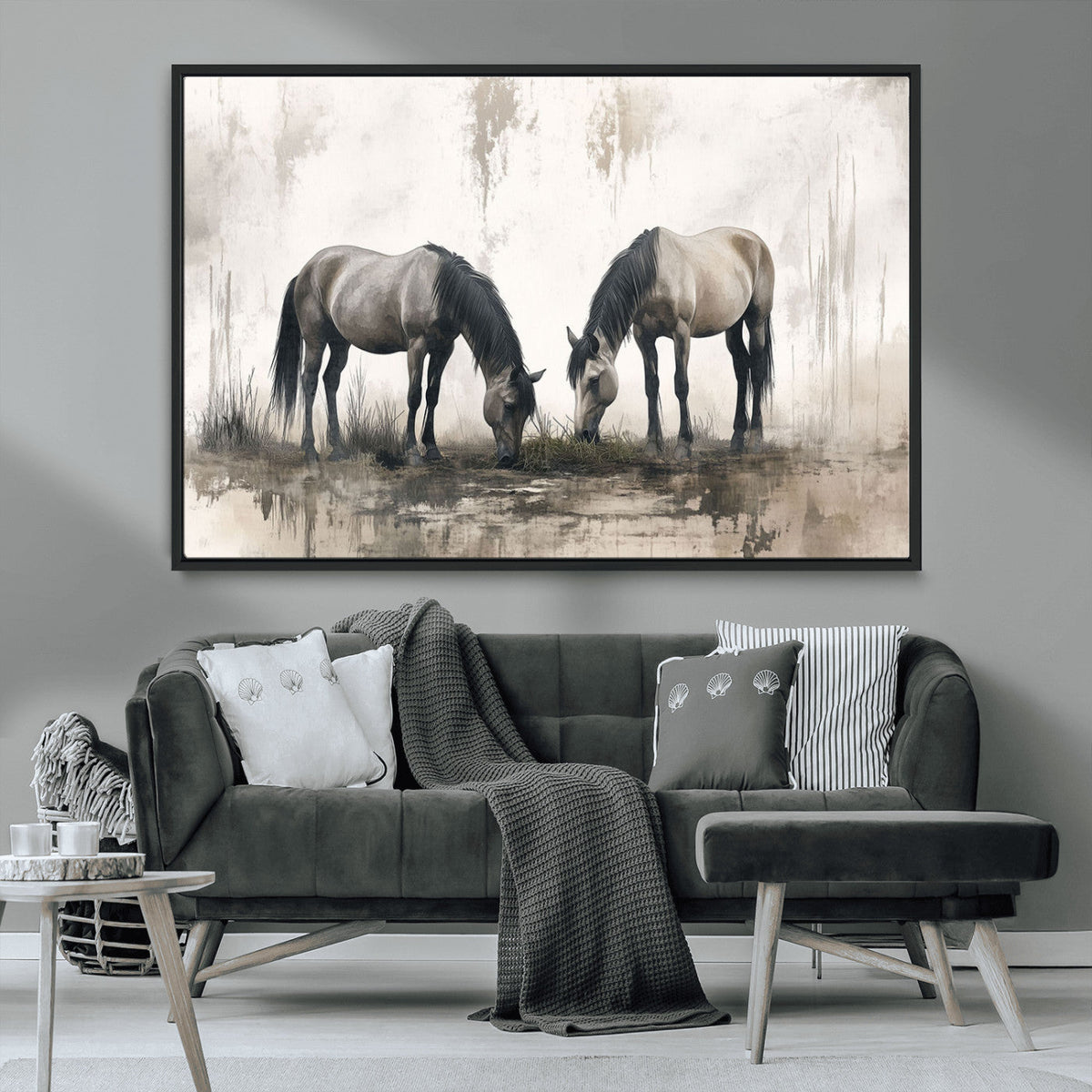 Chines Ink Style Vintage Horses Wall Art Canvas Print for