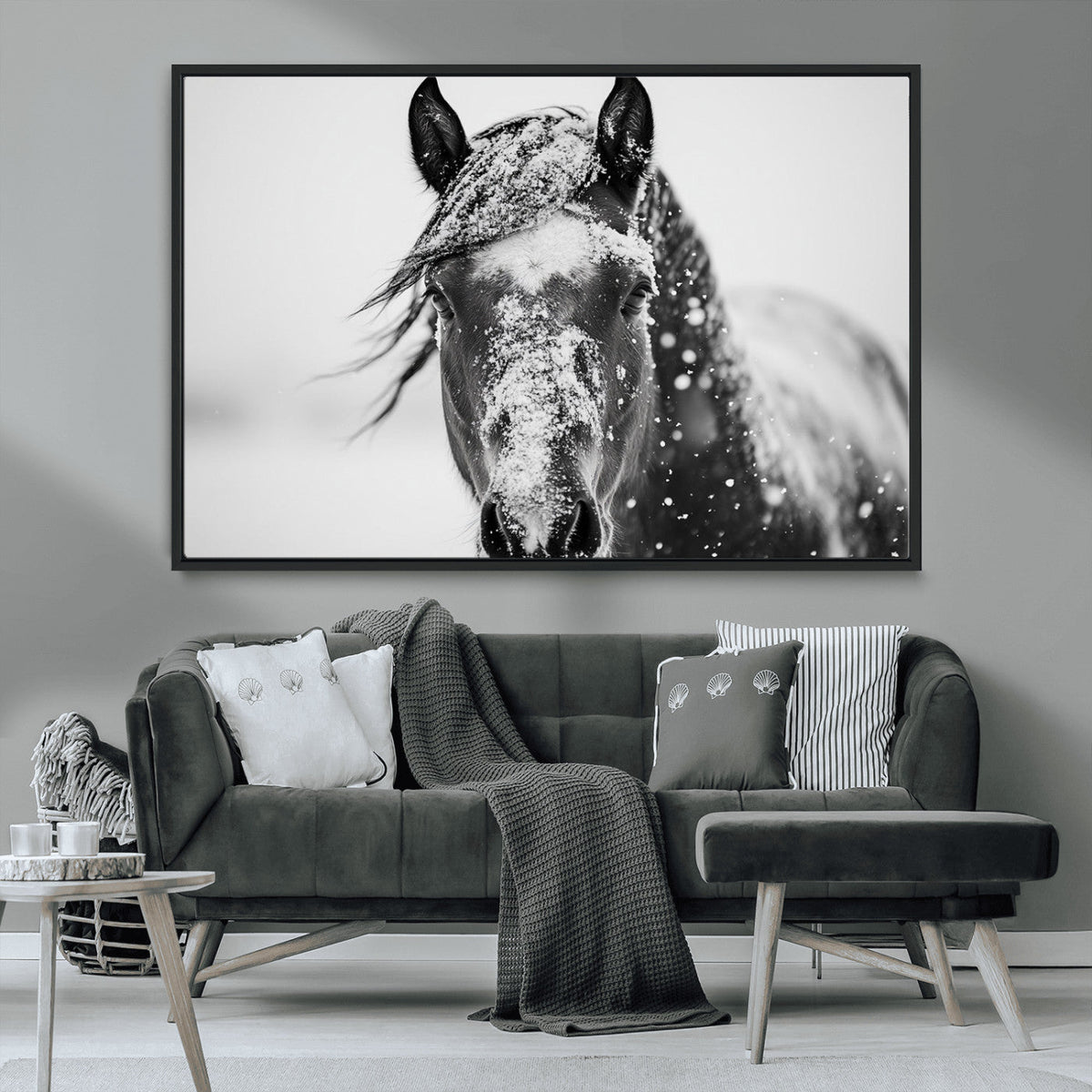 Western Wall Art | Black and White Winter Horse Wall Art |