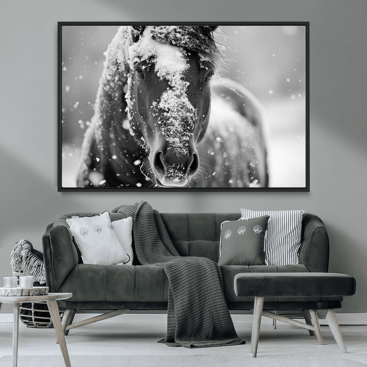 Black and White Horse Winter Wall Art | Ready to Hang and