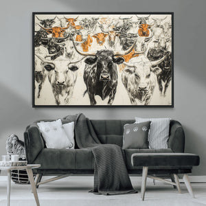 Farmhouse Wall Art | Western Longhorn Cattle Canvas Print |