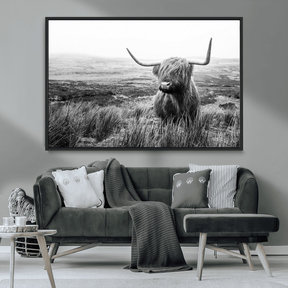 Scottish Highland Cow Wall Art | Black and White Canvas