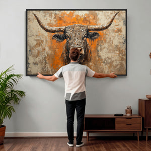Abstract Cow Longhorn Bull Wall Art Canvas Print - Rustic
