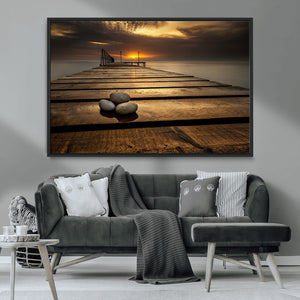 Stones on Wooden Pier at Sunset Canvas Print, Serene Coastal