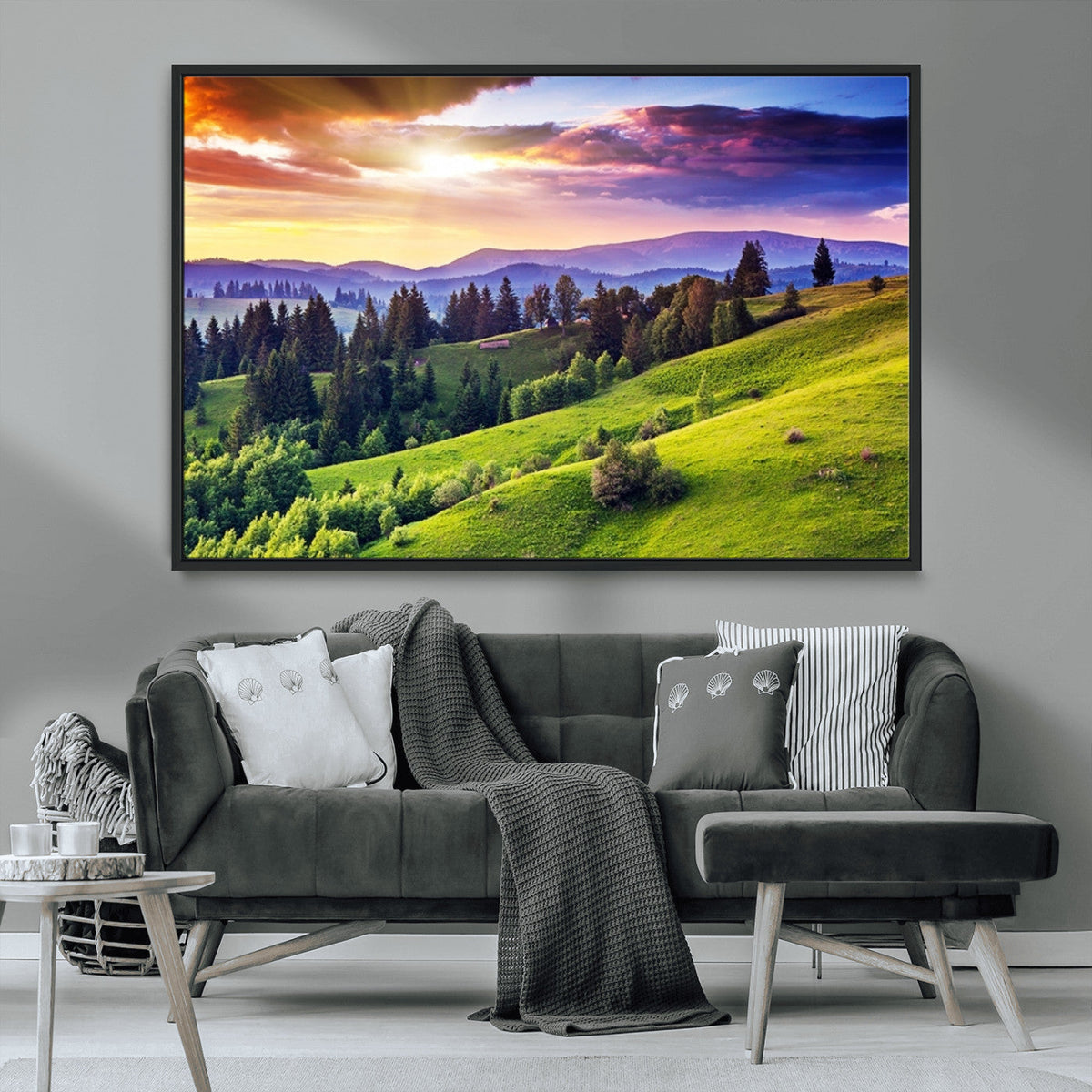 Green Hills and Sunset Wall Art Print - Scenic Landscape