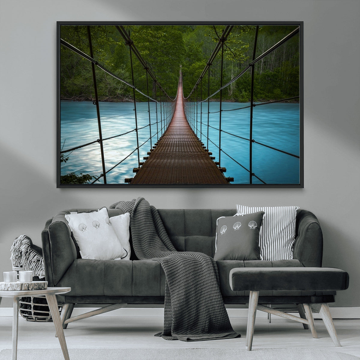 Suspension Bridge Over River Canvas Art | 3-Panel Nature