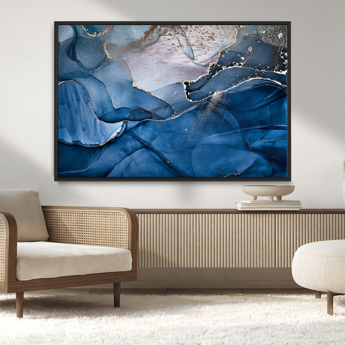 Navy Blue Canvas Art Abstract Print – Elegant Triptych