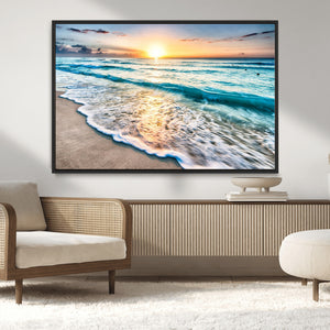 Sunset Beach Waves Canvas Wall Art – 5-Panel Ocean Sunset