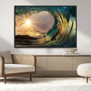 Golden Wave Sunset Canvas Print – Large Coastal Wall Art for