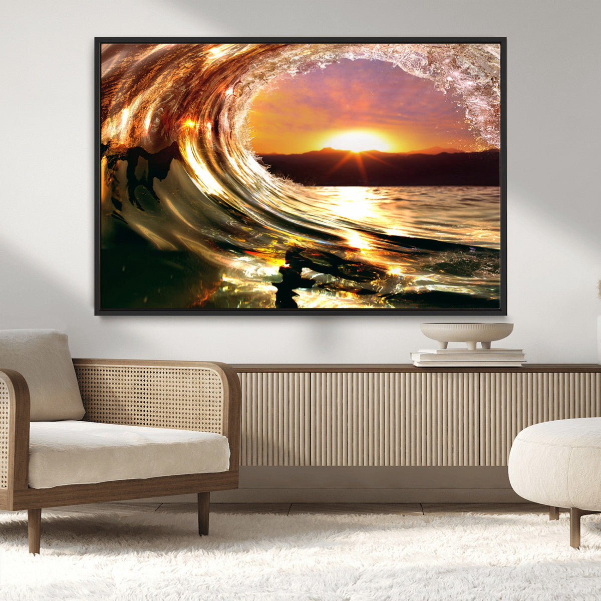 Golden Wave Sunset Triptych Canvas Art, Giclee Canvas Print