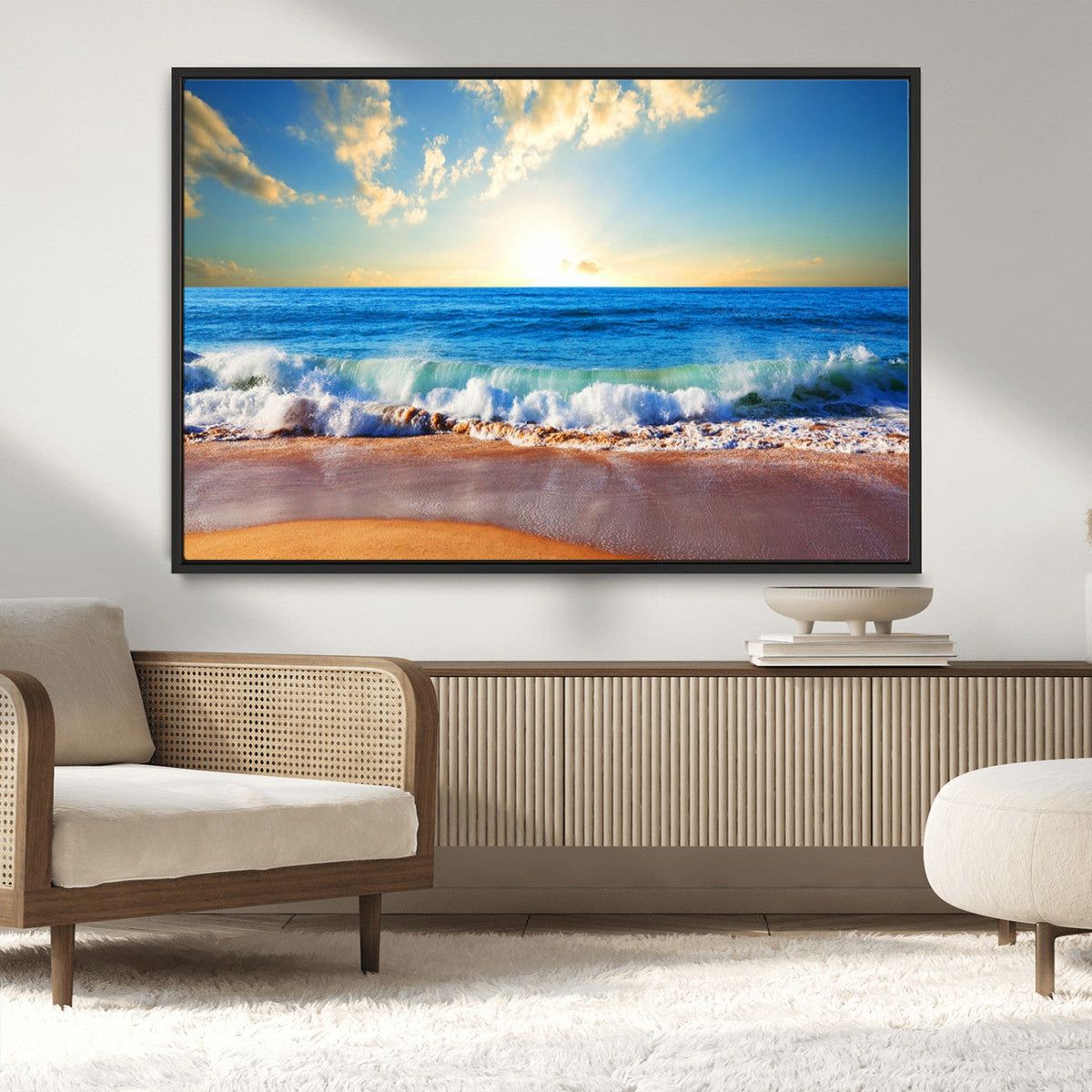 Tropical Beach Sunset Canvas Art, Ocean Waves and Sandy