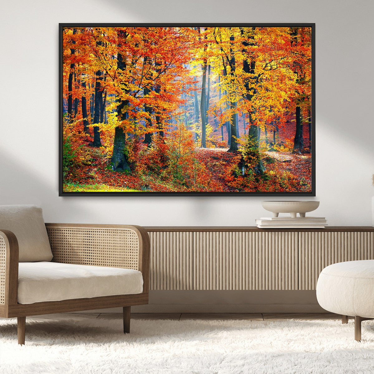 Autumn Red Forest Triptych Canvas Wall Art Print, Forest